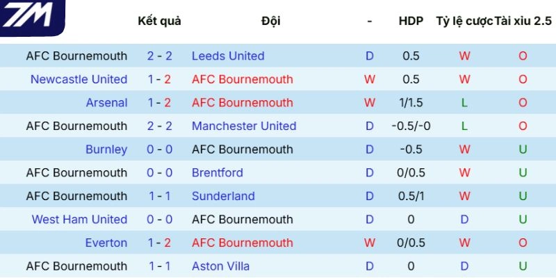 Thành tích ra sân của AFC Bournemouth mới đây 